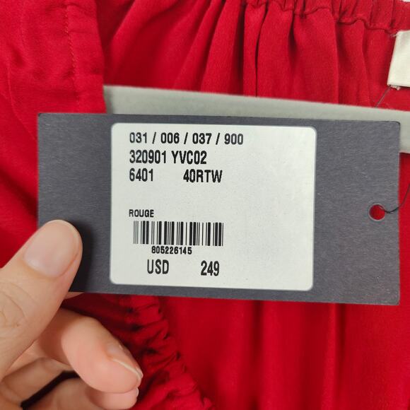 Saint Laurent Blouse Womens FR 40 US 8 Red Silk Puff Sleeve Drawstring Neckline - Picture 7 of 13